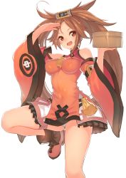 Rule 34 | 1girl, arm up, bamboo steamer, bare shoulders, blush, breasts, brown eyes, brown hair, china dress, chinese clothes, detached sleeves, dress, female focus, guilty gear, guilty gear xrd, hair tubes, highres, kame^^, kuradoberi jam, large breasts, leg up, long hair, open mouth, panties, salute, skirt, smile, solo, standing, standing on one leg, underwear, very long hair, white panties, wide sleeves