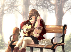 Rule 34 | 1girl, acoustic guitar, ayase non, bench, boots, brown eyes, brown hair, cat, coat, closed eyes, guitar, guitar case, hair ribbon, highres, instrument, instrument case, light rays, long hair, music, original, playing instrument, pom pom (clothes), ribbon, scarf, sitting, skirt, smile, solo, sunbeam, sunlight, thighhighs, tree, white thighhighs, winter clothes, winter coat, zettai ryouiki