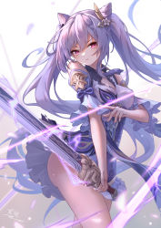 Rule 34 | 1girl, absurdres, ass, bare legs, bare shoulders, braid, breasts, choker, cleavage, cone hair bun, detached sleeves, double bun, dress, flower, genshin impact, gloves, hair bun, hair ornament, hairpin, highres, holding, holding sword, holding weapon, keqing (genshin impact), legs, light rays, long hair, looking at viewer, medium breasts, neck tassel, purple dress, purple eyes, purple hair, signature, skirt, solo, standing, sword, thighs, torn clothes, twintails, v-shaped eyebrows, weapon, white flower, yelan xing xuan