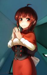 Rule 34 | 1girl, ahoge, brown hair, capelet, commentary request, corset, highres, long hair, looking at viewer, okazaki yumemi, red capelet, red eyes, signature, smile, solo, steepled fingers, touhou, touhou (pc-98), upper body, welt (kinsei koutenkyoku)