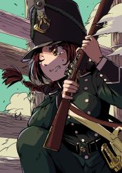 Rule 34 | 1girl, antique firearm, bag, baker rifle, belt, blue sky, braid, braided ponytail, british army, brown eyes, brown hair, bullet hole, buttons, caplock, clenched teeth, double-breasted, epaulettes, fence, firearm, firelock, flintlock, green jacket, gun, hair tie, hat, highres, holding, holding gun, holding weapon, holstered, jacket, long hair, long sleeves, military, military hat, military uniform, musket, one eye closed, original, outdoors, post and rail fence, rifle, saber (weapon), satchel, shako cap, shoulder bag, sidelocks, single braid, sky, sleeve cuffs, smoke, solo, squatting, sweat, sweatdrop, sword, tearing up, teeth, uniform, weapon, wooden fence, wrist cuffs, zeinikunosekai