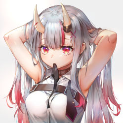 Rule 34 | 1girl, armpits, arms behind head, breasts, brown choker, choker, collared shirt, commentary request, gradient hair, hololive, horns, long hair, looking at viewer, medium breasts, multicolored hair, nakiri ayame, nakiri ayame (streetwear), necktie on mouth, oni, red eyes, red hair, shirt, shuang xiyu, silver hair, skin-covered horns, solo, streaked hair, upper body, virtual youtuber, white shirt