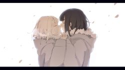 Rule 34 | 2girls, absurdres, bandaid, black hair, coat, closed eyes, fur trim, highres, imminent kiss, interlocked fingers, letterboxed, multiple girls, open mouth, original, profile, roisa, sketch, white hair, winter clothes, yuri