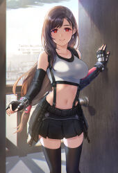 Rule 34 | 1girl, black gloves, black hair, black skirt, black thighhighs, bracer, breasts, brown hair, commentary, crop top, day, door, doorway, earrings, elbow gloves, english commentary, final fantasy, final fantasy vii, final fantasy vii remake, fingerless gloves, glint, gloves, hand up, jewelry, large breasts, long hair, looking at viewer, low-tied long hair, materia, midriff, miniskirt, navel, ohse, parted lips, red eyes, single earring, skirt, solo, stomach, suspender skirt, suspenders, symbol-only commentary, tank top, thighhighs, tifa lockhart, watermark, white tank top, zettai ryouiki