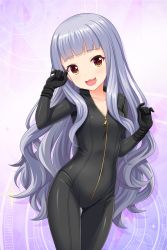 Rule 34 | 1girl, absurdres, alternative girls, black bodysuit, bodysuit, breasts, highres, hiiragi tsumugi, long hair, looking at viewer, official art, open mouth, purple background, silver hair, small breasts, smile, solo, standing, very long hair