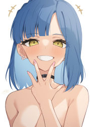 Rule 34 | +++, 1girl, binsen, black choker, blue hair, blunt bangs, blush, breasts, choker, earrings, flower earrings, grin, hand to own mouth, highres, idolmaster, idolmaster million live!, jewelry, looking at viewer, medium breasts, nanao yuriko, nude, simple background, smile, solo, upper body, white background, yellow eyes