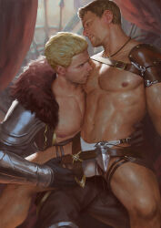 Rule 34 | 2boys, abs, alistair (dragon age), bara, beard stubble, black gloves, black hair, black pants, blonde hair, bulge, cullen rutherford, dragon age, facial hair, foreplay, gloves, kissing pectoral, large pectorals, looking at another, male focus, male underwear, multiple boys, muscular, muscular male, navel, nipples, paid reward available, pants, pectorals, penguin frontier, short hair, sitting, sitting on person, stubble, thighs, underwear, white male underwear, yaoi