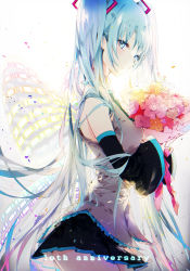 Rule 34 | 1girl, anniversary, backlighting, black skirt, blue eyes, blue hair, bouquet, collared shirt, commentary request, cowboy shot, detached sleeves, flower, from side, glowing, grey shirt, hands up, hatsune miku, holding, holding bouquet, kinokohime, light smile, long hair, looking at viewer, pleated skirt, revision, shirt, sidelocks, skirt, sleeveless, sleeveless shirt, smile, solo, twintails, very long hair, vocaloid, wings
