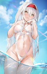 Rule 34 | 1girl, alternate costume, areola slip, blue sky, breasts, cameltoe, casual one-piece swimsuit, cleft of venus, cloud, covered erect nipples, day, female pubic hair, headband, highres, kantai collection, large breasts, long hair, navel, one-piece swimsuit, outdoors, partially submerged, pubic hair, pubic hair peek, red headband, see-through, shoukaku (kancolle), sky, solo, swimsuit, tororo ten, white hair, white one-piece swimsuit, yellow eyes
