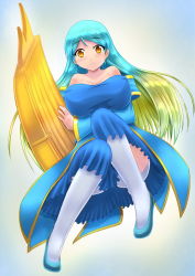 Rule 34 | 1girl, alternate hairstyle, aqua hair, bare shoulders, blonde hair, blush, breasts, collarbone, covered erect nipples, dress, gradient hair, highres, instrument, large breasts, league of legends, long hair, multicolored hair, panties, shoes, smile, solo, sona (league of legends), thighhighs, underwear, white panties, white thighhighs, xano, yellow eyes