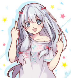 Rule 34 | 1girl, :d, adrenaline!!!, bad id, bad pixiv id, bare shoulders, blue eyes, blue hair, blush, bow, clothes writing, eromanga sensei, hair bow, izumi sagiri, long hair, middle finger, nori ninomay, off shoulder, open mouth, out of character, pink bow, shirt, short sleeves, smile, solo, star (symbol), starry background, t-shirt, v-shaped eyebrows, white background