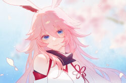 Rule 34 | 1girl, animal ears, bare shoulders, blue eyes, blue sky, blurry, blurry background, breasts, closed mouth, commentary request, depth of field, fox ears, head tilt, highres, honkai (series), honkai impact 3rd, japanese clothes, kimono, long hair, looking at viewer, medium breasts, petals, pink hair, silence (pixiv18541142), sky, sleeveless, sleeveless kimono, smile, solo, upper body, white kimono, yae sakura
