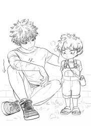 Rule 34 | 2boys, arms behind back, bag, boku no hero academia, closed mouth, greyscale, headpat, highres, knees up, looking at another, looking down, male focus, midoriya izuku, monochrome, multiple boys, overalls, sandals, scar, scar on arm, shirt, shoes, short hair, shorts, shoulder bag, sitting, sneakers, standing, t-shirt, wengwengchim