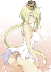 Rule 34 | 1girl, ass, blonde hair, breasts, brown hat, butt crack, character request, commentary request, copyright request, dress, from behind, green eyes, hand to own mouth, hat, long hair, looking at viewer, looking back, mitarashi kousei, panties, ponytail, short dress, solo, sundress, thighs, thong, underwear, white dress, white panties, wind, wind lift