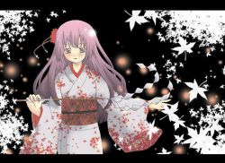 Rule 34 | 1girl, gohei, izumi minami, japanese clothes, kimono, leaf, letterboxed, long hair, new year, purple eyes, purple hair, solo