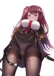 Rule 34 | 1girl, absurdres, black pantyhose, black skirt, blazer, blush, breasts, clenched teeth, clothes lift, framed breasts, girls&#039; frontline, gloves, gluteal fold, hair ribbon, half updo, high-waist skirt, highres, jacket, large breasts, lifted by self, long hair, looking at viewer, mirufuaa, necktie, one side up, panties, panties under pantyhose, pantyhose, purple hair, red eyes, red necktie, ribbon, shirt, sidelocks, simple background, skirt, skirt lift, solo, strap, tearing up, teeth, thighband pantyhose, underwear, v-shaped eyebrows, very long hair, wa2000 (girls&#039; frontline), white background, white panties
