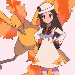 Rule 34 | 1girl, alternate color, black gloves, brown hair, closed mouth, commentary request, creatures (company), dress, eyelashes, game freak, gen 1 pokemon, gloves, grey eyes, hair flaps, hands on own hips, hat, hat ornament, highres, leaf (champion) (pokemon), leaf (pokemon), legendary pokemon, long hair, moltres, nintendo, pokemon, pokemon (creature), pokemon masters ex, sidelocks, simple background, smile, tyako 089, white dress, white headwear
