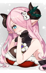 1girl black_gloves blue_eyes braid breasts crown_braid draph dress fur-trimmed_dress fur_trim gloves granblue_fantasy hair_ornament hair_over_one_eye hand_on_own_face hand_rest highres holly holly_hair_ornament horns large_breasts looking_at_viewer narmaya_(granblue_fantasy) narmaya_(holiday)_(granblue_fantasy) official_alternate_costume osakana_(rrg0123) pointy_ears santa_dress snowman_hair_ornament solo