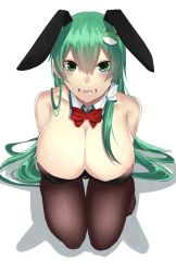 Rule 34 | 1girl, alternate costume, animal ears, bare shoulders, black pantyhose, blush, bow, bowtie, breasts, cleavage, detached collar, fake animal ears, frog hair ornament, from above, green eyes, green hair, hair between eyes, hair ornament, hair tubes, highres, kneeling, kochiya sanae, large breasts, leotard, long hair, looking at viewer, looking up, matching hair/eyes, onineko-chan, pantyhose, parted lips, playboy bunny, rabbit ears, red bow, red bowtie, smile, solo, thigh gap, touhou, very long hair