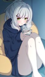 Rule 34 | 1girl, ass, barefoot, black hoodie, blue archive, blush, coffee, cross hair ornament, cup, green eyes, green halo, green panties, grey hair, hair ornament, halo, hare (blue archive), highres, holding, holding cup, hood, hood down, hoodie, indoors, long hair, long sleeves, looking at viewer, moyoron, open mouth, panties, ponytail, solo, underwear
