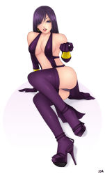 Rule 34 | 1girl, :p, breasts, high heels, khalitzburg, large breasts, looking at viewer, no bra, platform footwear, platform heels, purple eyes, purple hair, purple thighhighs, revealing clothes, sandals, shoe soles, simple background, solo, thighhighs, tongue, tongue out, white background