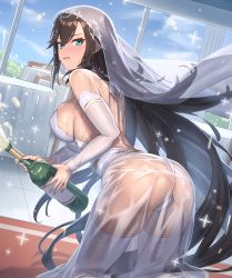 Rule 34 | 1girl, absurdres, ass, astrid (evertale), bare shoulders, blue eyes, blush, breasts, bridal veil, bride, brown hair, champagne flute, cuboon, cup, dress, drinking glass, embarrassed, evertale, full body, highres, large breasts, long hair, looking at viewer, see-through, solo, veil, wedding dress