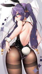 Rule 34 | 1girl, absurdres, animal ears, ass, back, blush, closed mouth, cowboy shot, earrings, fake animal ears, fake tail, from behind, genshin impact, green eyes, hair between eyes, highres, jewelry, leotard, long hair, looking at viewer, looking back, mona (genshin impact), nahanmin, pantyhose, playboy bunny, purple hair, rabbit ears, rabbit tail, solo, star (symbol), star earrings, tail, twintails, wrist cuffs, zoom layer