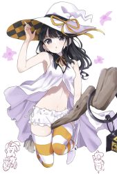 1girl, :o, arm up, babydoll, black hair, bloomers, blush, breasts, broom, broom riding, cleavage, commentary, full body, grey eyes, hat, high heels, idolmaster, idolmaster shiny colors, kazano hiori, lantern, long hair, looking at viewer, mole, mole under mouth, navel, parted lips, shiwa (siwaa0419), shoes, simple background, small breasts, solo, striped, striped legwear, thighhighs, underwear, white background, white bloomers, white footwear, white headwear, witch hat