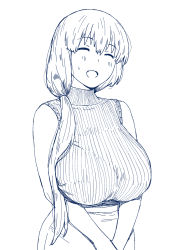 Rule 34 | 1girl, breasts, closed eyes, greyscale, highres, huge breasts, long hair, mature female, monochrome, onsen tamago (hs egg), open mouth, pencil skirt, side ponytail, simple background, skirt, smile, solo, sweater vest, upper body, uzaki-chan wa asobitai!, uzaki tsuki, v arms, white background