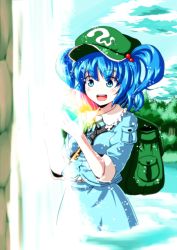 Rule 34 | 1girl, :d, back-to-back, backpack, bag, blue eyes, blue hair, blue sky, female focus, hair bobbles, hair ornament, hat, highres, irusu, kawashiro nitori, matching hair/eyes, open mouth, short hair, sky, sleeves rolled up, smile, solo, touhou, twintails, two side up, wading, water