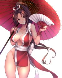 Rule 34 | 1girl, breasts, brown eyes, brown hair, collarbone, cowboy shot, fatal fury, folding fan, hand fan, head tilt, long hair, looking at viewer, oil-paper umbrella, pelvic curtain, ponytail, settyaro, shiranui mai, simple background, solo, the king of fighters, umbrella, very long hair, white background