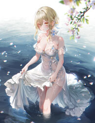 Rule 34 | 1girl, absurdres, bare shoulders, blonde hair, blush, breasts, cleavage, collarbone, dress, flower, genshin impact, hair between eyes, hair flower, hair ornament, highres, large breasts, leaf, looking at viewer, lumine (genshin impact), petals, pottsness, short hair with long locks, skirt hold, solo, thighs, twitter username, wading, water, wet, white dress, white flower, yellow eyes