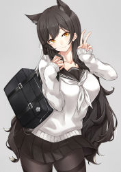 Rule 34 | 1girl, animal ears, asya, atago (azur lane), atago (school traumerei) (azur lane), atago (school traumerei) (azur lane), azur lane, bag, black hair, black pantyhose, black sailor collar, black skirt, breasts, closed mouth, collarbone, commentary request, extra ears, grey background, hair ribbon, hand up, head tilt, highres, large breasts, long hair, looking at viewer, mole, mole under eye, neckerchief, pantyhose, pleated skirt, ribbon, sailor collar, school uniform, serafuku, shoulder bag, simple background, skirt, sleeves past wrists, smile, solo, standing, swept bangs, thighband pantyhose, v, very long hair, white neckerchief, white ribbon, yellow eyes