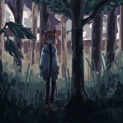 1girl a.i._voice adachi_rei arms_at_sides black_pantyhose black_shirt closed_mouth expressionless forest full_body grass grey_shirt hair_between_eyes hair_ribbon headlamp highres jacket looking_at_viewer nature open_clothes open_jacket orange_eyes orange_hair outdoors pantyhose plant radio_antenna ribbon shirt skirt solo utau white_jacket white_ribbon zer0h