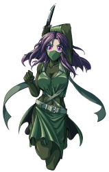 Rule 34 | 1girl, bodysuit, breasts, commentary, covered navel, daniel fielding, english commentary, full body, green bodysuit, green skirt, impossible bodysuit, impossible clothes, knife, large breasts, mask, mouth mask, ninja, original, purple eyes, purple hair, reverse grip, skirt, solo, white background