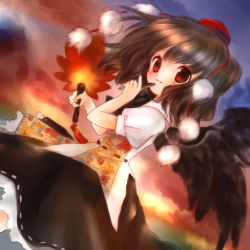 Rule 34 | 1girl, arch, black hair, black skirt, black wings, evening, hand fan, female focus, from behind, hat, holding, looking at viewer, looking back, outdoors, pom pom (clothes), puffy short sleeves, puffy sleeves, red eyes, shameimaru aya, shirt, short hair, short sleeves, skirt, smile, solo, sunlight, sunset, tengu, tokin hat, torii sumi, touhou, white shirt, wings