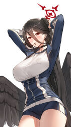 Rule 34 | 1girl, absurdres, adjusting hair, arms behind head, arms up, beanowl, black choker, black hair, black wings, blue archive, blush, breasts, choker, feathered wings, gym shirt, gym shorts, gym uniform, hair between eyes, hasumi (blue archive), hasumi (track) (blue archive), highres, jacket, large breasts, large wings, long hair, looking at viewer, low wings, mole, mole under eye, official alternate costume, red eyes, shirt, shorts, solo, thighs, track jacket, tying hair, very long hair, white shirt, wings