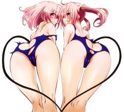 Rule 34 | 2girls, angry, ass, ass cutout, bent over, blush, butt crack, cameltoe, cleft of venus, clenched teeth, clothing cutout, colorized, face-to-face, from behind, frown, heart, heart tail, highres, kneepits, legs, long hair, looking at viewer, looking back, momo velia deviluke, multiple girls, nana asta deviluke, parted lips, pink eyes, pink hair, school swimsuit, short hair, siblings, simple background, sisters, swimsuit, tail, tail through clothes, take your pick, teeth, to love-ru, torn clothes, torn swimsuit, transparent background, twins, twintails, white background, yabuki kentarou