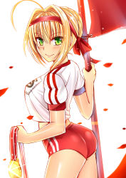 Rule 34 | 10s, 1girl, absurdres, ahoge, ass, banner, blonde hair, blush, buruma, clothes writing, fate/extra, fate (series), from side, green eyes, gu li, gym uniform, hair intakes, headband, highres, looking at viewer, looking back, medal, nero claudius (fate), nero claudius (fate) (all), nero claudius (fate/extra), nero claudius (olympian bloomers) (fate), official alternate costume, petals, red buruma, shirt, short sleeves, smile, solo, tied shirt
