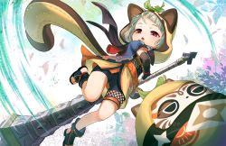 Rule 34 | 1girl, animal ears, animal hood, bike shorts, black footwear, black gloves, black shorts, boots, commentary request, elbow gloves, fake animal ears, fake tail, fingerless gloves, genshin impact, gloves, gluteal fold, grey hair, highres, hood, incoming attack, japanese clothes, jumping, kimono, leaf, leaf on head, leg up, legs, looking at viewer, mako (haramakoto), obi, open mouth, purple kimono, raccoon ears, raccoon tail, red eyes, sash, sayu (genshin impact), short hair, short kimono, short shorts, short sleeves, shorts, solo, tail, thighs, toeless footwear, weapon, weapon request, yellow kimono