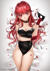 Rule 34 | 1girl, black choker, black leotard, breasts, choker, cleavage, gloves, hair down, highres, leotard, long hair, looking at viewer, lying, mask, on back, on bed, patreon username, persona, persona 5, persona 5 the royal, petals, red eyes, red gloves, red hair, solo, strapless, strapless leotard, thighhighs, yoshizawa kasumi, zasshu