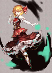 Rule 34 | 1girl, ascot, blonde hair, brooch, corset, dress, embellished costume, frilled dress, frills, gloves, hair ribbon, high heels, highres, jewelry, leg up, long sleeves, looking at viewer, neetsr, pantyhose, red eyes, red ribbon, ribbon, rumia, short hair, solo, touhou, white gloves, white pantyhose