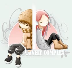 Rule 34 | 00s, 1boy, 1girl, ankle boots, back-to-back, beanie, belt, boots, brown footwear, brown hair, closed eyes, full body, grey background, hat, knees up, koizumi risa, long sleeves, lovely complex, ootani atsushi, pants, pantyhose, pink hair, scarf, short hair, simple background, sleeping, sleeping upright