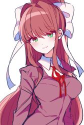 1girl bow brown_hair doki_doki_literature_club green_eyes hair_bow hair_ribbon highres kotohatoko510 long_hair long_sleeves looking_at_viewer monika_(doki_doki_literature_club) ponytail ribbon school_uniform shirt sidelocks smile solo very_long_hair white_bow white_ribbon