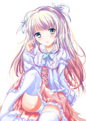 Rule 34 | 1girl, blue bow, blue panties, blue ribbon, blue shirt, blush, bow, breasts, brown dress, collared shirt, commentary request, dress, frilled dress, frills, green eyes, hair ribbon, hand in own hair, hand up, head tilt, layered sleeves, long hair, long sleeves, open mouth, original, panties, puffy short sleeves, puffy sleeves, ribbon, shihou haru, shirt, short over long sleeves, short sleeves, simple background, sitting, sleeves past wrists, small breasts, solo, thighhighs, underwear, very long hair, white background, white thighhighs