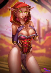 Rule 34 | 1girl, blonde hair, blood elf (warcraft), blurry, breast suppress, breasts, commission, depth of field, ears through headwear, elf, fingerless gloves, gloves, glowing, glowing eyes, green eyes, highres, hood, looking at viewer, nipple slip, nipples, pointy ears, pupete, pussy, see-through, short hair, solo, uncensored, warcraft, world of warcraft