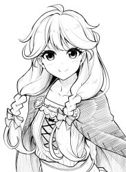 Rule 34 | 1girl, ahoge, blush, bow, braid, cape, closed mouth, collarbone, commentary request, eyebrows hidden by hair, faye (fire emblem), fire emblem, fire emblem echoes: shadows of valentia, greyscale, hair bow, long hair, looking at viewer, monochrome, nintendo, shirt, simple background, smile, solo, ten (tenchan man), twin braids, upper body, white background