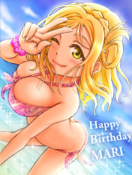 Rule 34 | 1girl, artist name, artist request, bare legs, bare shoulders, bikini, blonde hair, blue sky, blush, braid, breasts, brown eyes, cleavage, cloud, collarbone, cross-laced bikini, cross-laced clothes, crown braid, day, eno tato, female focus, hair rings, large breasts, looking at viewer, love live!, love live! sunshine!!, ohara mari, one eye closed, outdoors, parted lips, pink bikini, pink scrunchie, scrunchie, short hair, sky, smile, solo, swimsuit, yellow eyes