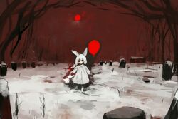Rule 34 | 1girl, animal ears, balloon, bare tree, braid, cabin, commentary, dress, expressionless, grave, highres, holding, holding balloon, holding stuffed toy, holding toy, long sleeves, looking at viewer, mismatched pupils, moon, night, original, outdoors, rabbit, rabbit ears, rabbit girl, rabbit tail, red eyes, red moon, red sky, shaded face, shirokujira, sky, sleeves past wrists, snow, stuffed animal, stuffed toy, tail, toy, tree, white dress, white fur, white hair, wide shot