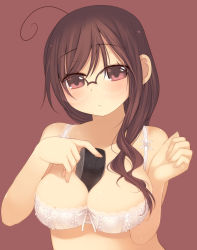 Rule 34 | 1girl, ahoge, arima senne, between breasts, bow, bow bra, bra, breasts, brown hair, glasses, highres, kashiwamochi yomogi, large breasts, lingerie, mole, mole on breast, mouse (computer), non-web source, original, red eyes, ribbon, solo, underwear
